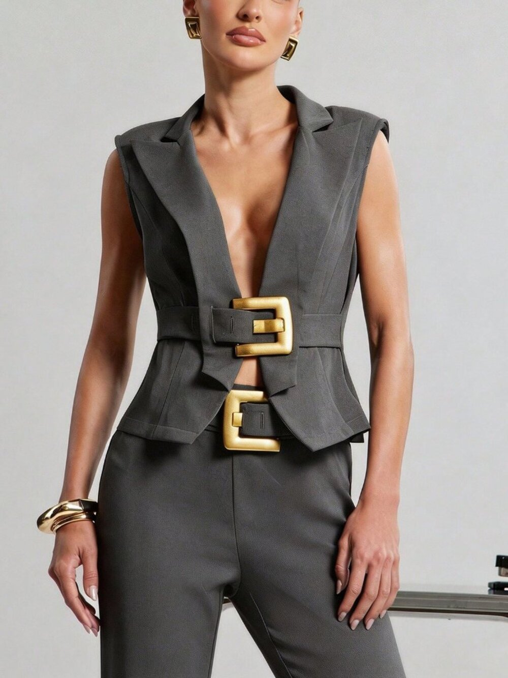 Grey Elegant Women's Sexy Sleeveless Blazer Vest With Gold Metal buckle - Picture 2 of 6